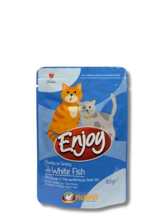 Enjoy Sos İçinde Et Parçacıklı Beyaz Balıklı Yetişkin Kedi Pouch Maması 85 gr - 1