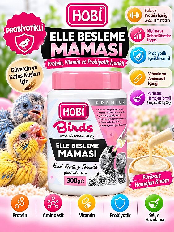 Hobi Güvercin ve Kafes Kuşları İçin Protein, Vitamin ve Probiyotik İçerikli Yavru Elle Besleme Maması 300 gr - 1