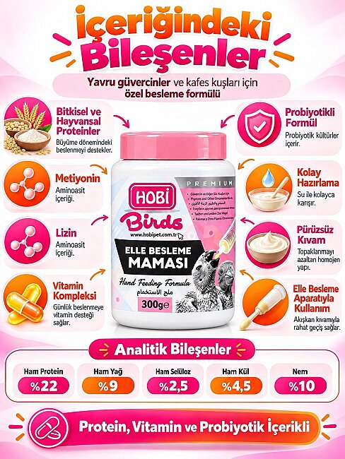 Hobi Güvercin ve Kafes Kuşları İçin Protein, Vitamin ve Probiyotik İçerikli Yavru Elle Besleme Maması 300 gr - 2
