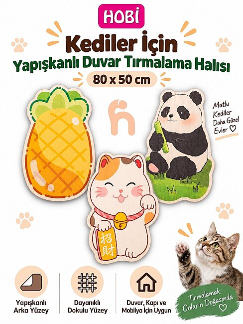 Hobi Kediler İçin Yapışkanlı Figürlü Duvar Tırmalama Halısı 80x50 Cm