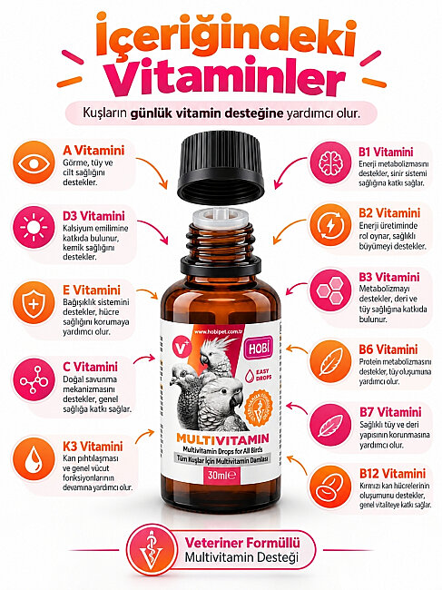 Hobi Kuşlar İçin Sağlıklı Gelişim, Tüy Yapısı ve Genel Kondisyon Destekleyici Veteriner Formüllü Multivitamin Takviyesi 30 ml - 2