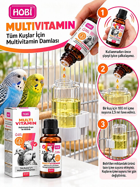 Hobi Kuşlar İçin Sağlıklı Gelişim, Tüy Yapısı ve Genel Kondisyon Destekleyici Veteriner Formüllü Multivitamin Takviyesi 30 ml - 3