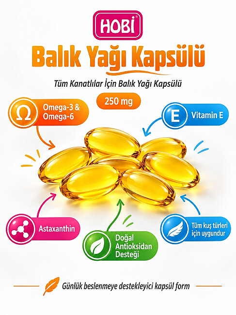 Hobi Tüm Kuşlar İçin Omega 3 ve 6, E Vitamini ve Astaksantin İçeren Veteriner Formüllü Balık Yağı 100 Kapsül 250 mg - 2