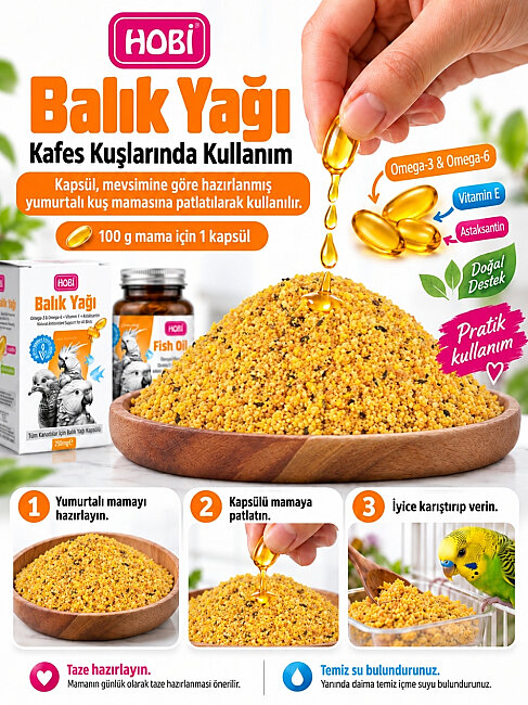 Hobi Tüm Kuşlar İçin Omega 3 ve 6, E Vitamini ve Astaksantin İçeren Veteriner Formüllü Balık Yağı 100 Kapsül 250 mg - 4