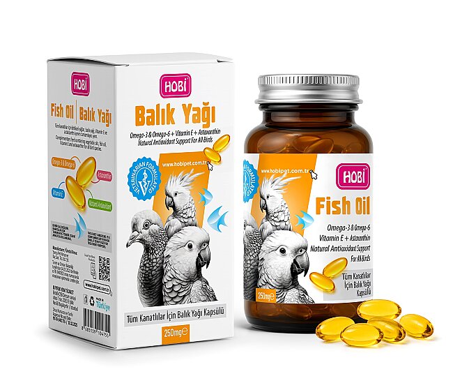 Hobi Tüm Kuşlar İçin Omega 3 ve 6, E Vitamini ve Astaksantin İçeren Veteriner Formüllü Balık Yağı 100 Kapsül 250 mg